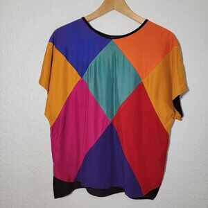 Vintage 80s 90s Women's Color Block 100% Silk Shirt Top Blouse Size Small